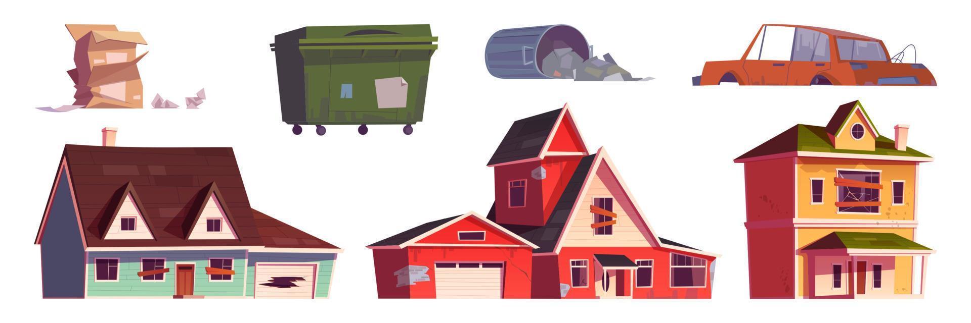 Old abandoned houses, trash bin and broken car vector