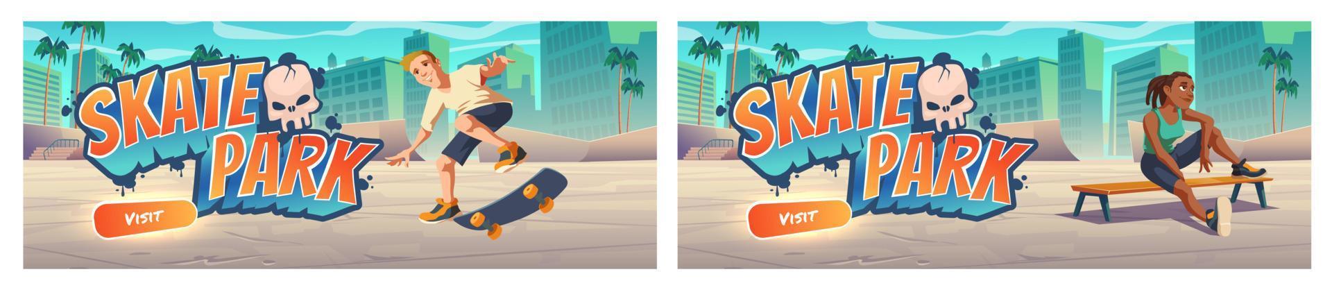 Skate park cartoon landing page with teenager vector