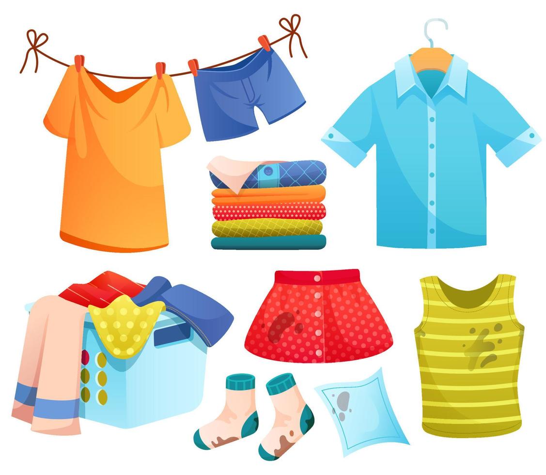 Clean and dirty clothes, laundry, washed linen set vector