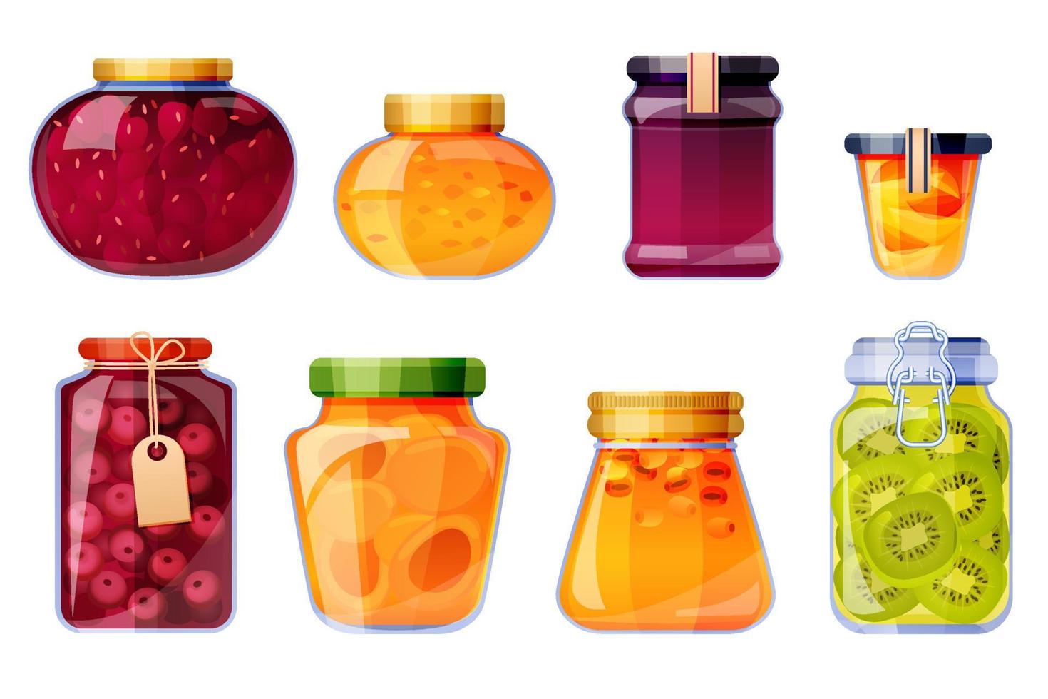 Glass jars with jam from strawberry, peach, cherry vector