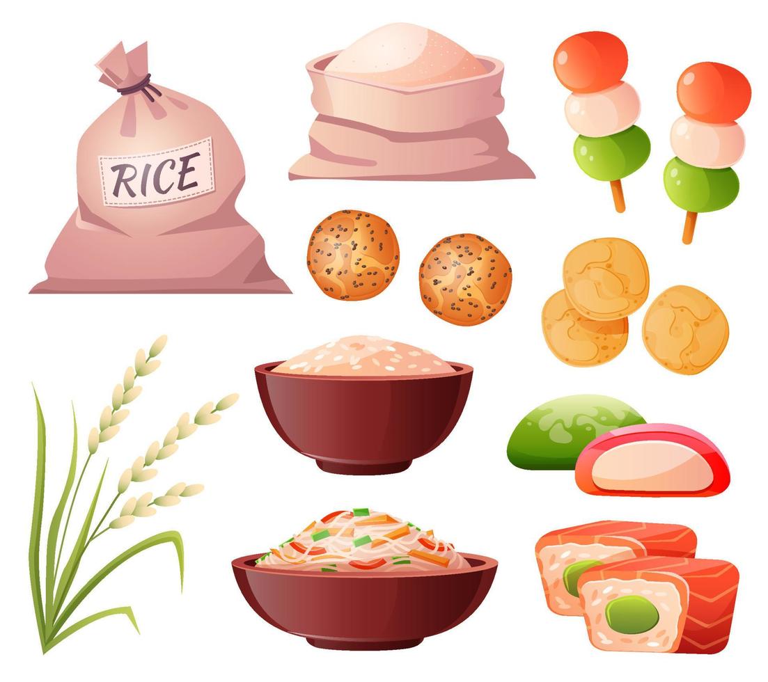 Japanese food, rice in bag, sushi and dango vector