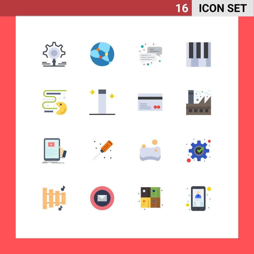 interfaz móvil conjunto de colores planos de 16 pictogramas de pacman competencia chat sonido música paquete editable de elementos de diseño de vectores creativos