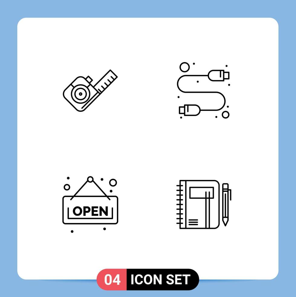 Editable Vector Line Pack of 4 Simple Filledline Flat Colors of measure board tool hardware workbook Editable Vector Design Elements