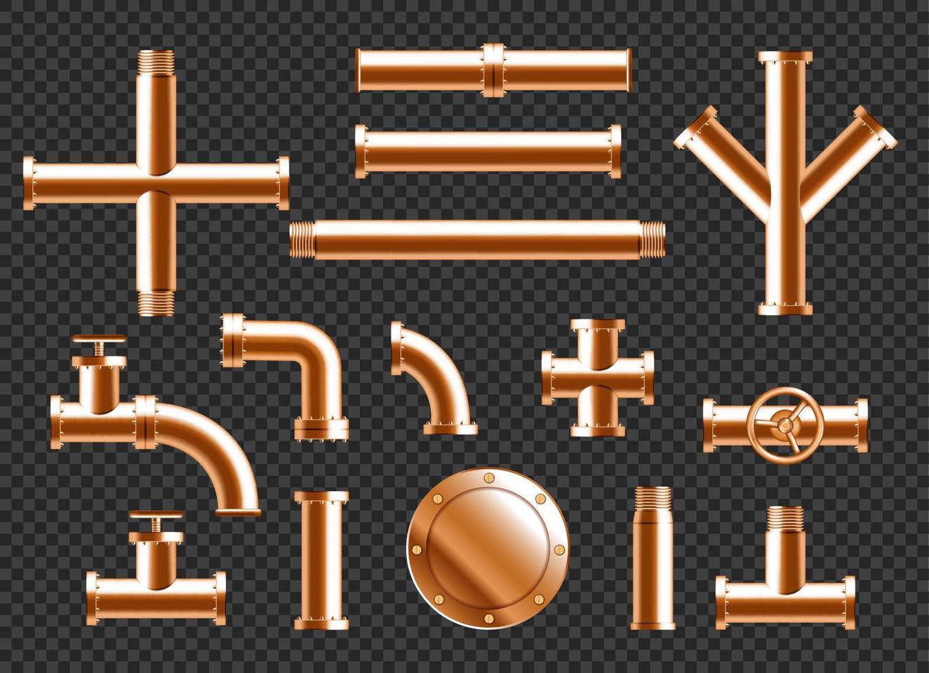 Copper water pipes, plumbing pipeline elements vector
