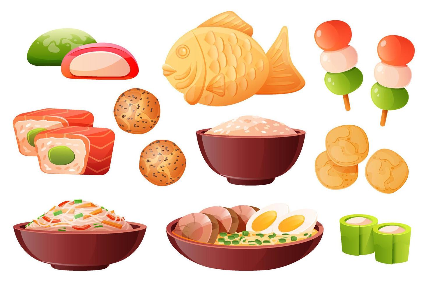 Japanese food, rice in bowl, sushi and ramen vector