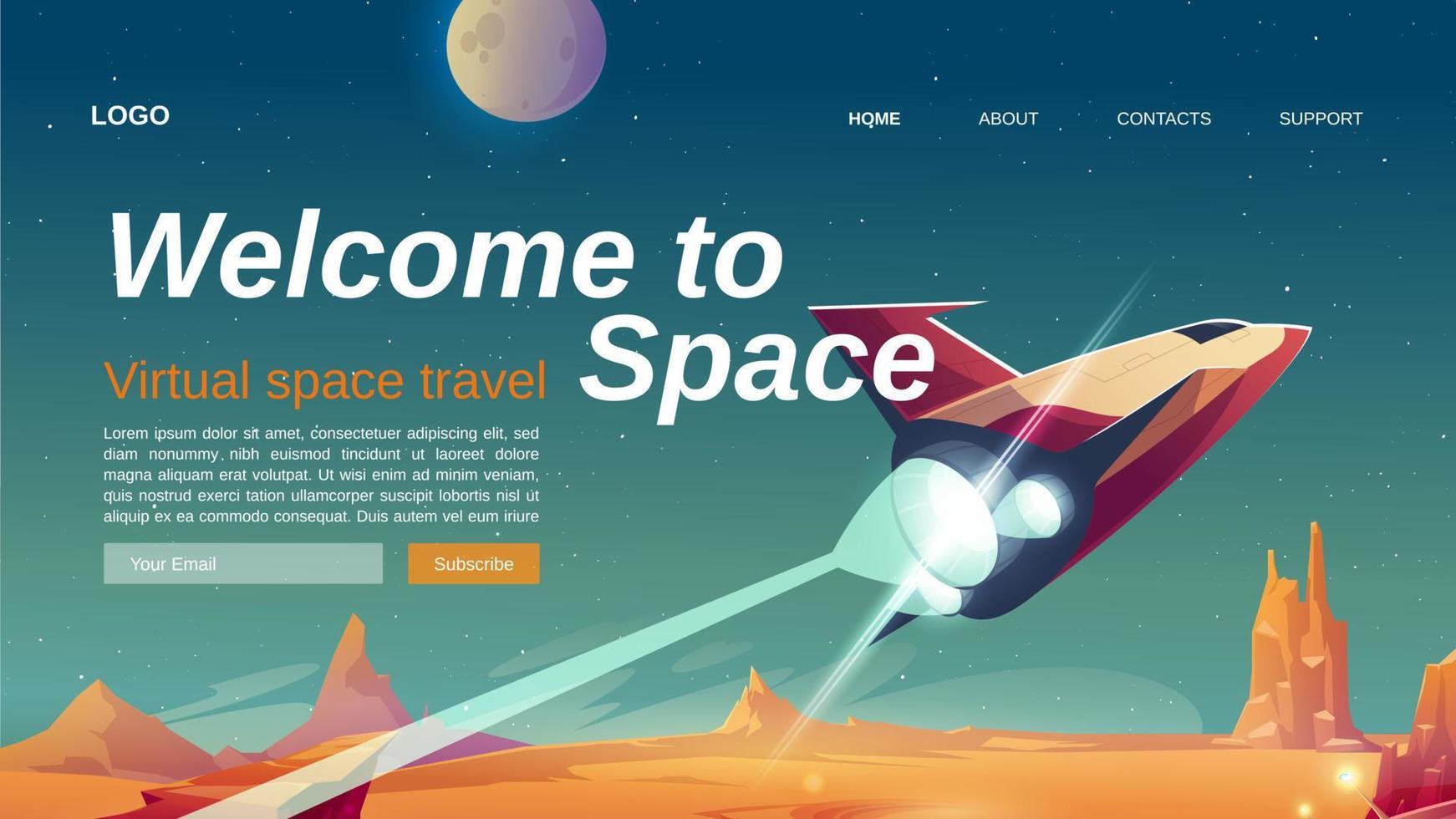 Welcome to space cartoon landing with spaceship vector