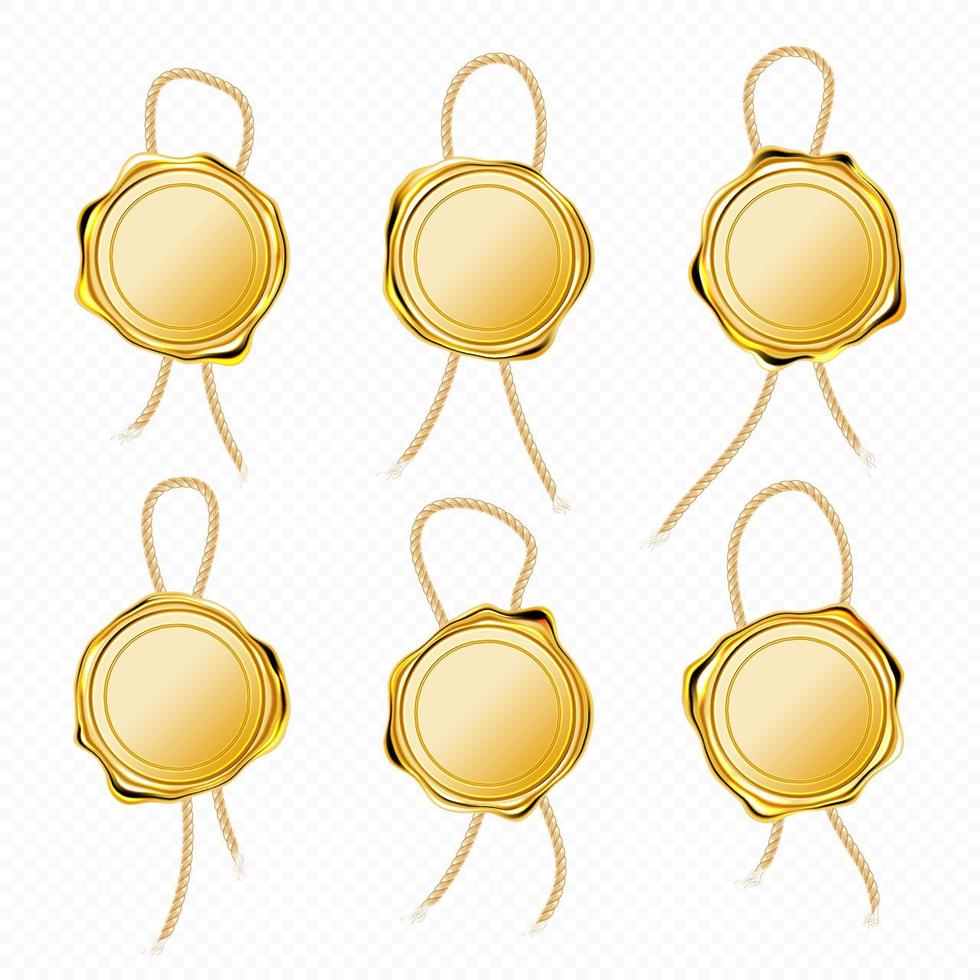 Gold wax seals with rope for letter or certificate vector