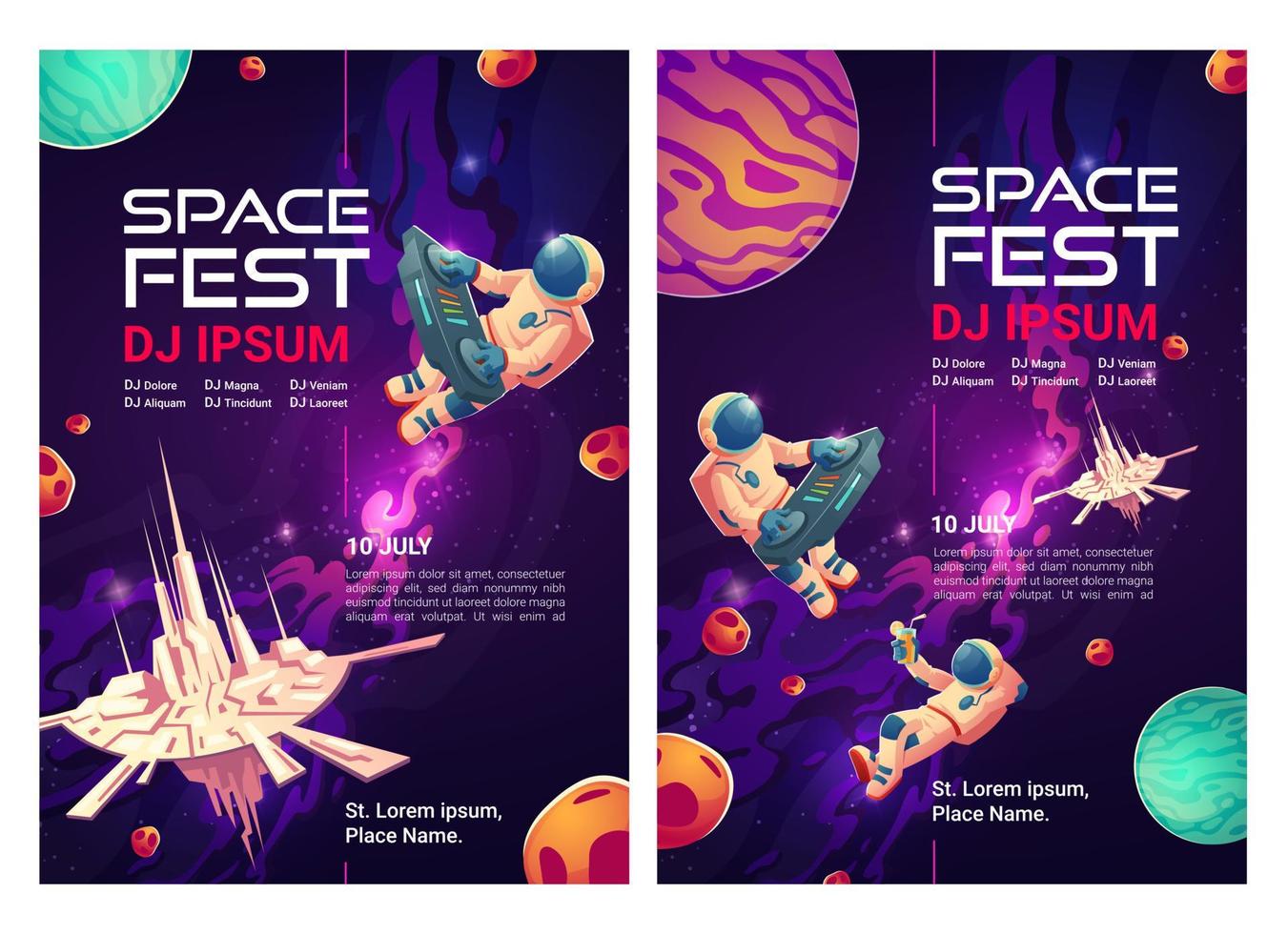 Space fest cartoon flyers, invitation to party vector