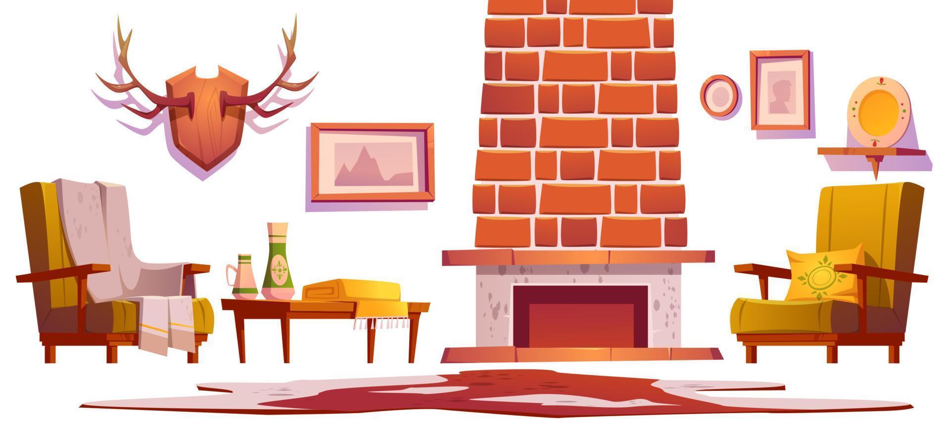 Living room objects in traditional chalet style vector