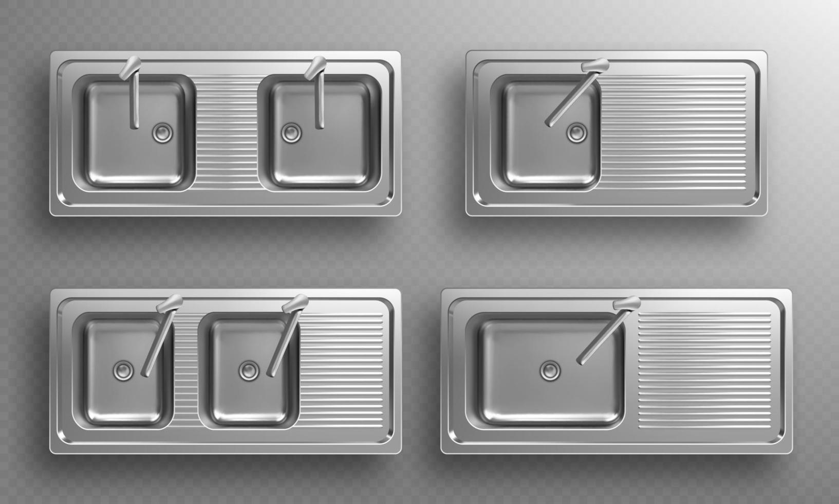 Stainless kitchen sinks with faucets in top view vector
