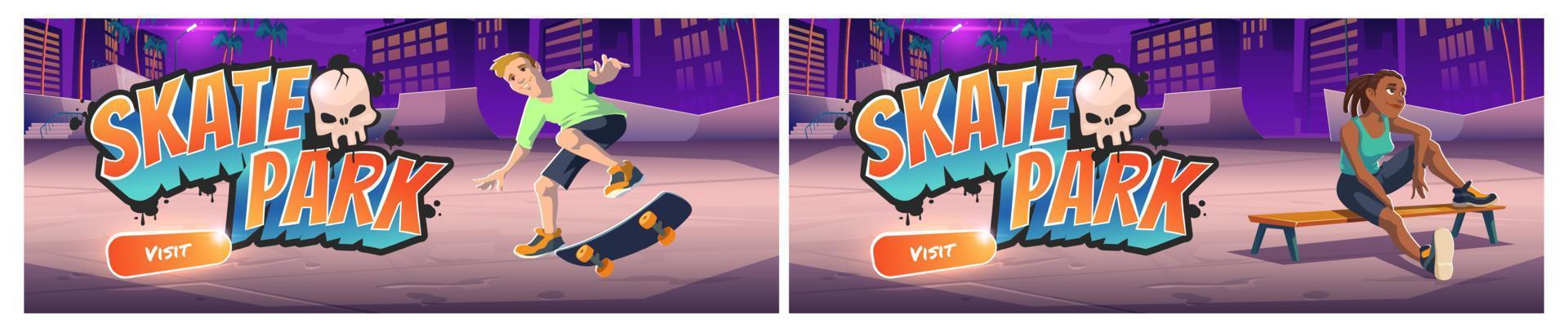Skate park cartoon landing page with teenager vector