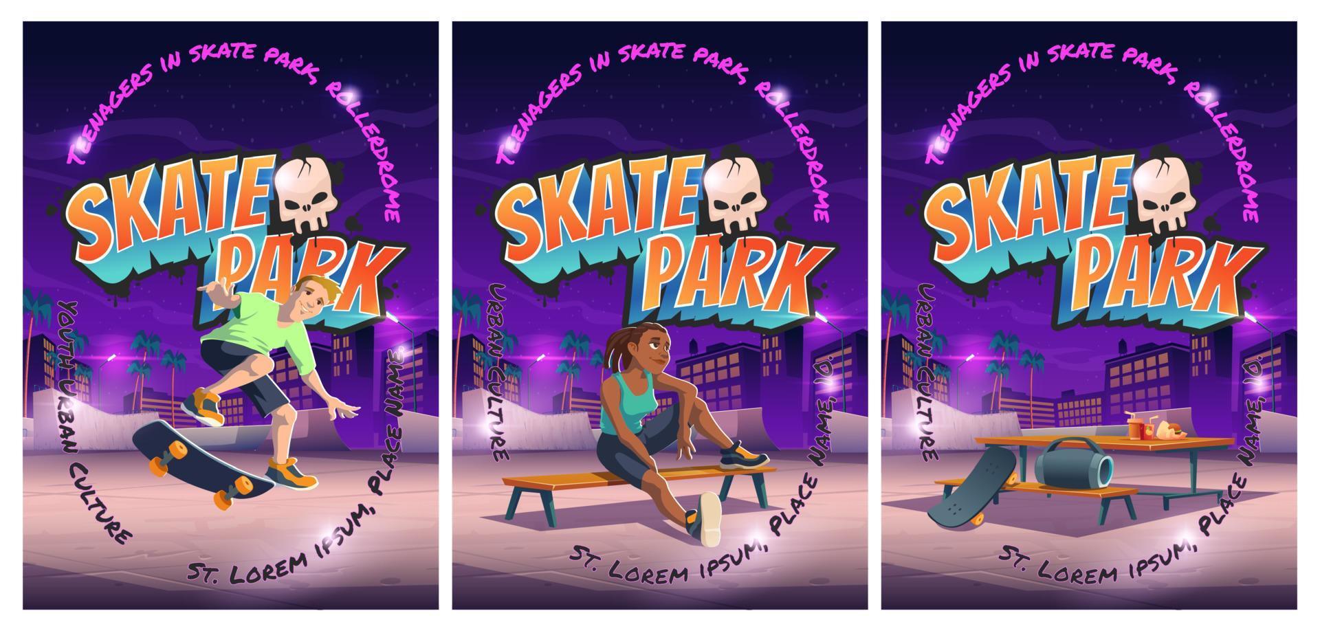 Skate park poster with boy riding on skateboard vector