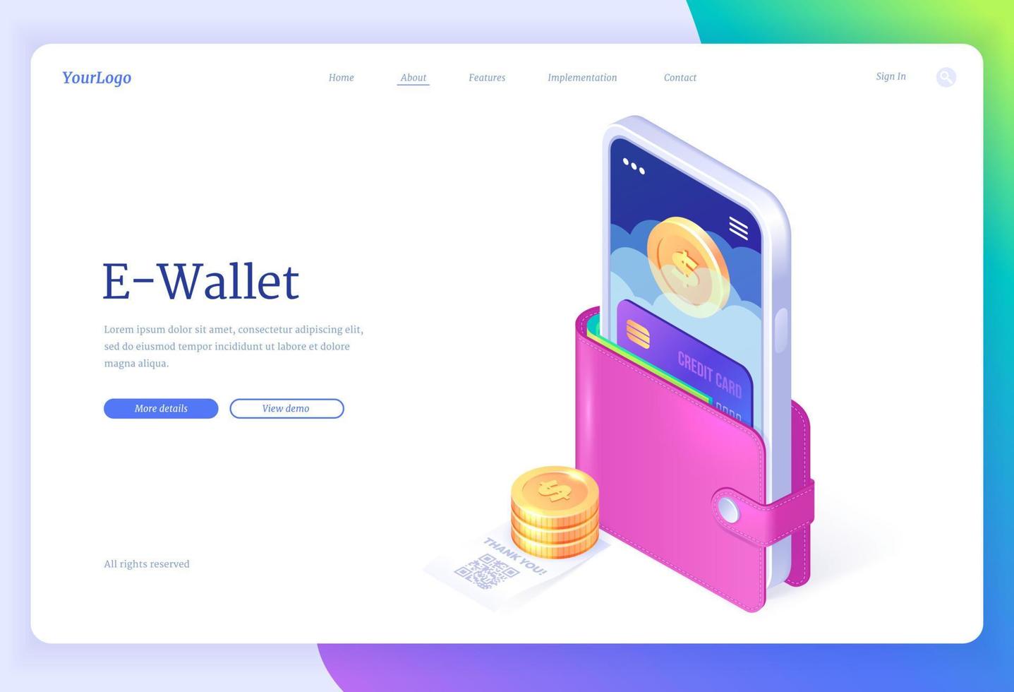 E-wallet isometric landing page, cashless payment vector