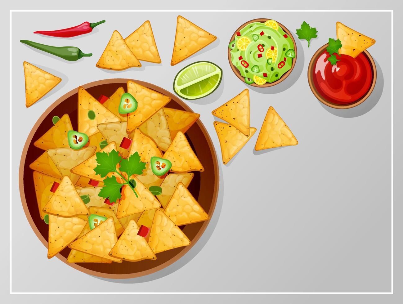 Bowl with nachos, salsa, guacamole or ranch sauces vector