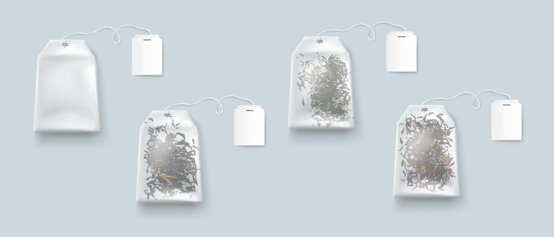 Tea bags, isolated teabags collection mockup set vector