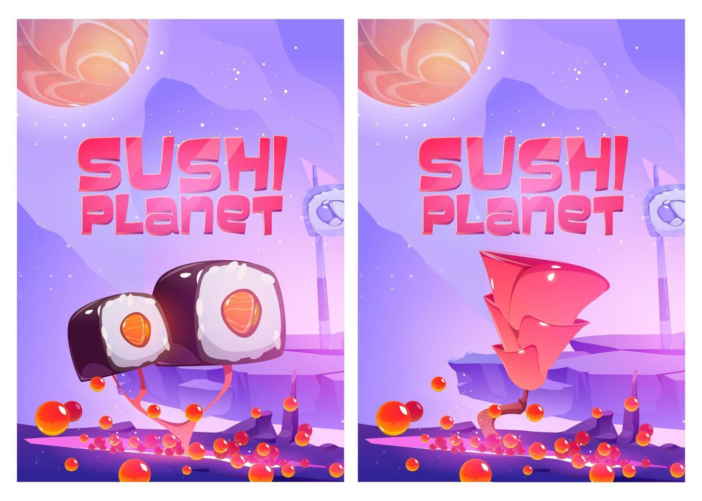 afiches de dibujos animados del planeta sushi con rollos de arroz. vector
