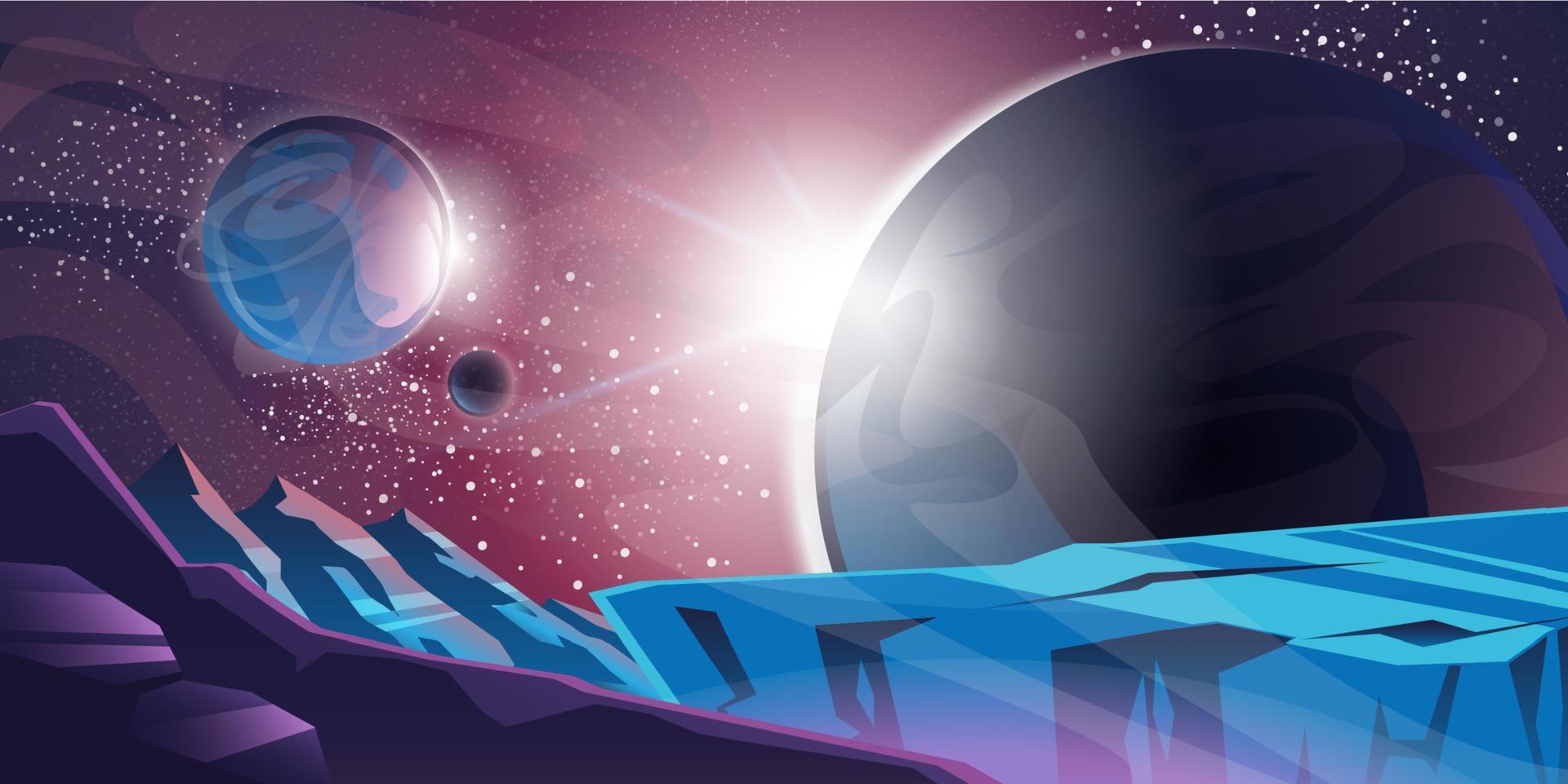 Cosmic background, alien planet deserted landscape vector