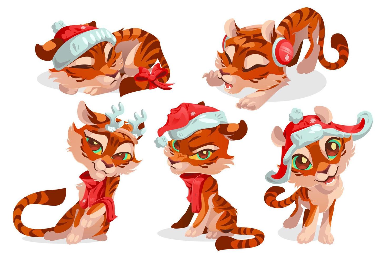 Cute baby tiger character in christmas hat vector
