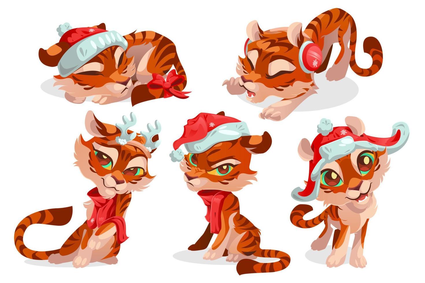 lindo personaje de tigre bebé en sombrero de navidad vector