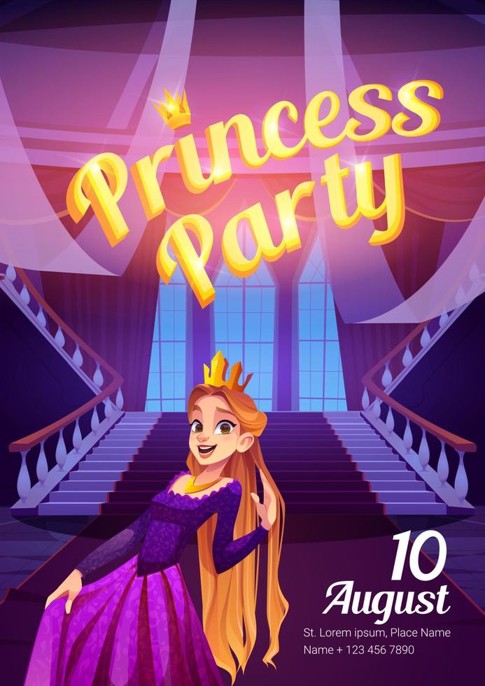 Princess party cartoon flyer with girl in crown vector