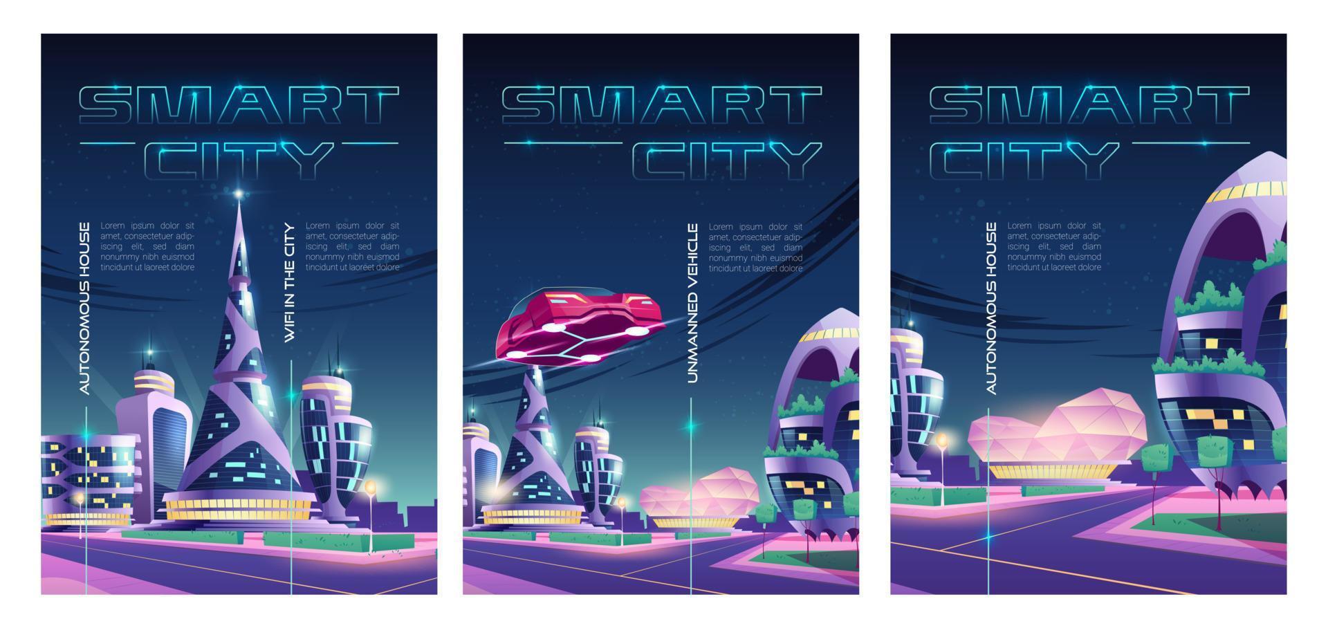 afiches de ciudades inteligentes con ciudad nocturna futurista vector