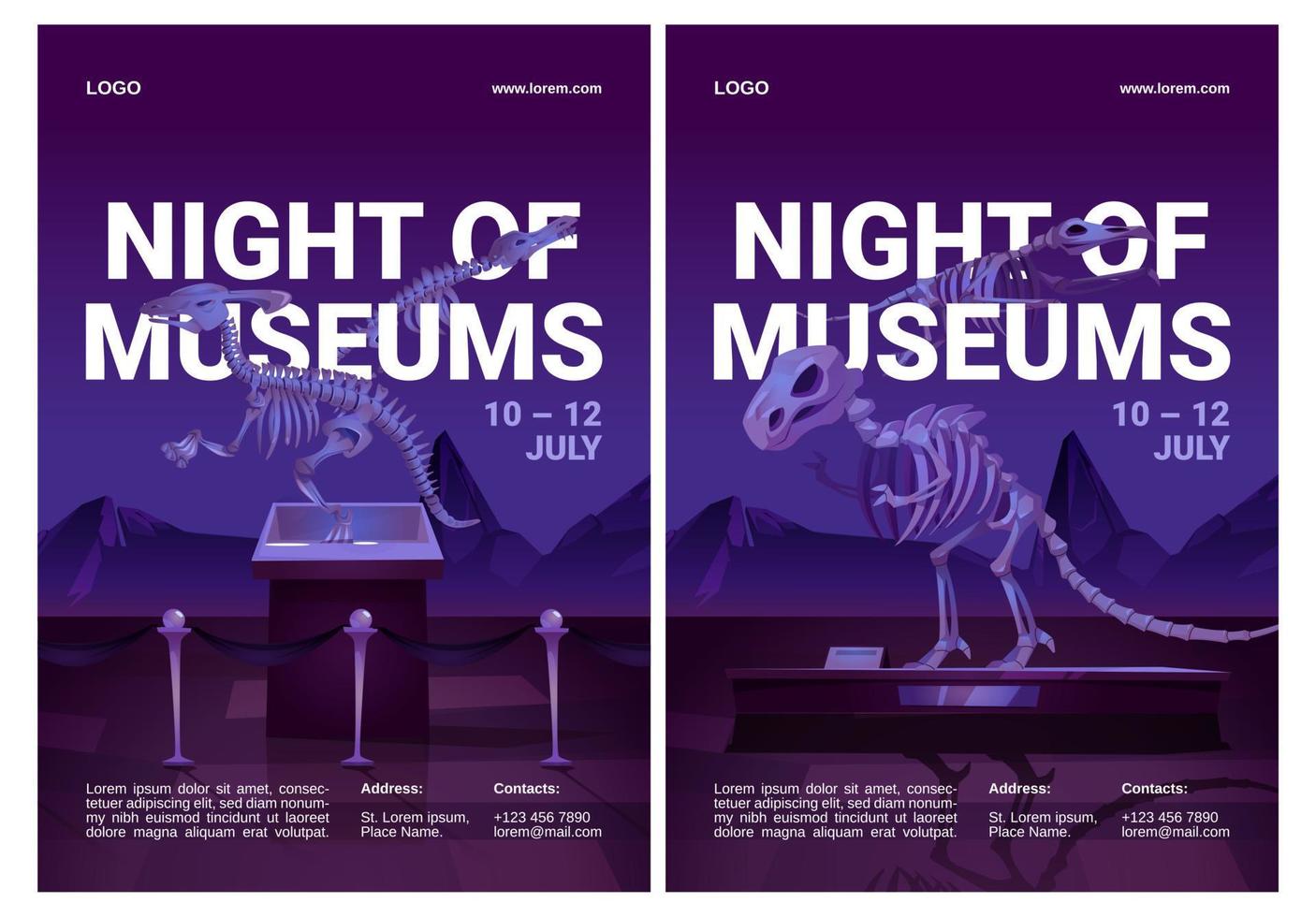 volantes de la noche de los museos con esqueletos de dinosaurios vector