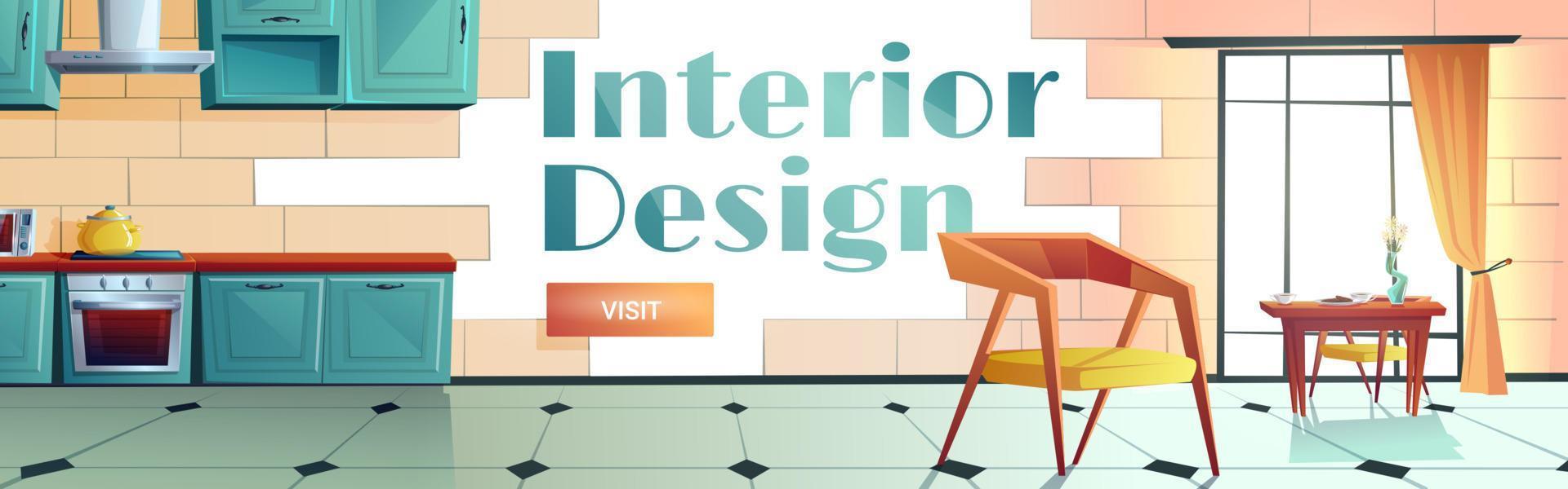 banner web de dibujos animados de diseño de interiores. cocina casera vector