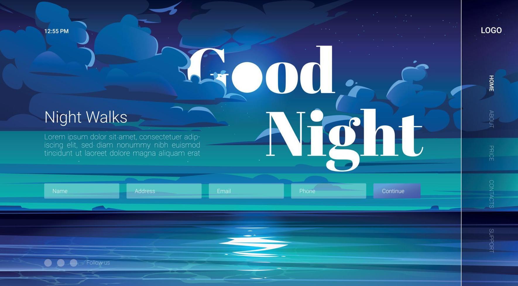 Good night walks cartoon landing with full moon vector