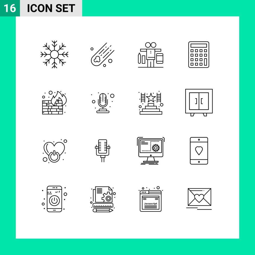 Set of 16 Modern UI Icons Symbols Signs for security fire balance education calculator Editable Vector Design Elements