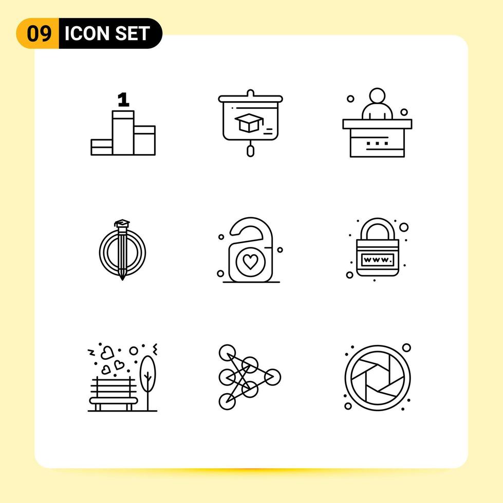 Pack of 9 Modern Outlines Signs and Symbols for Web Print Media such as love graduate desk bonus success Editable Vector Design Elements
