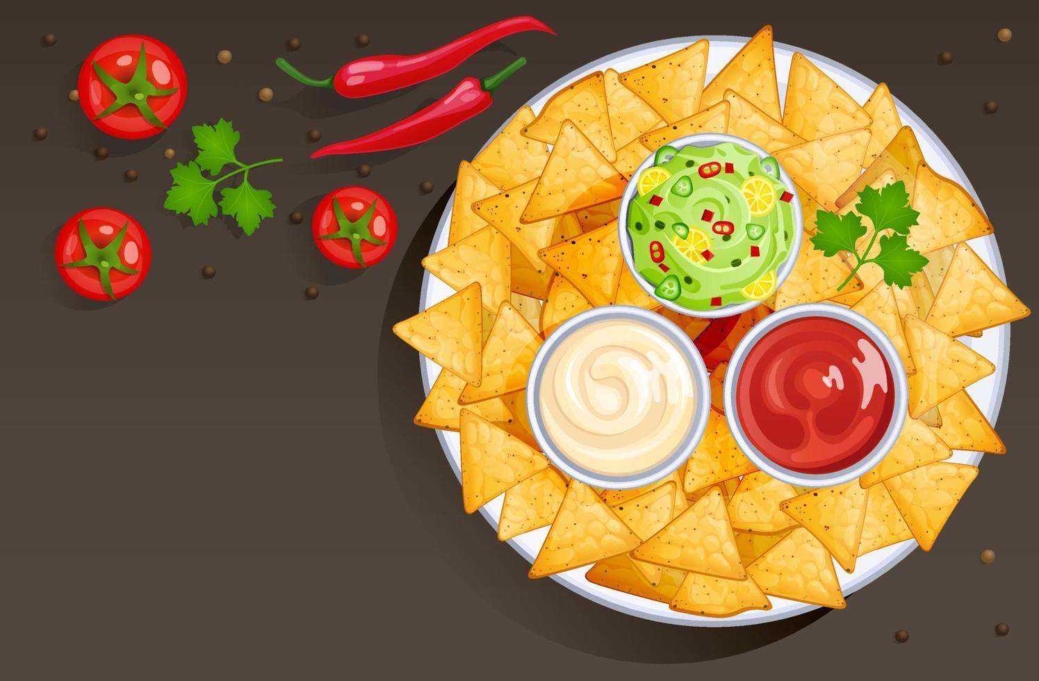 plato con chips de nacho y salsas en tazones vector