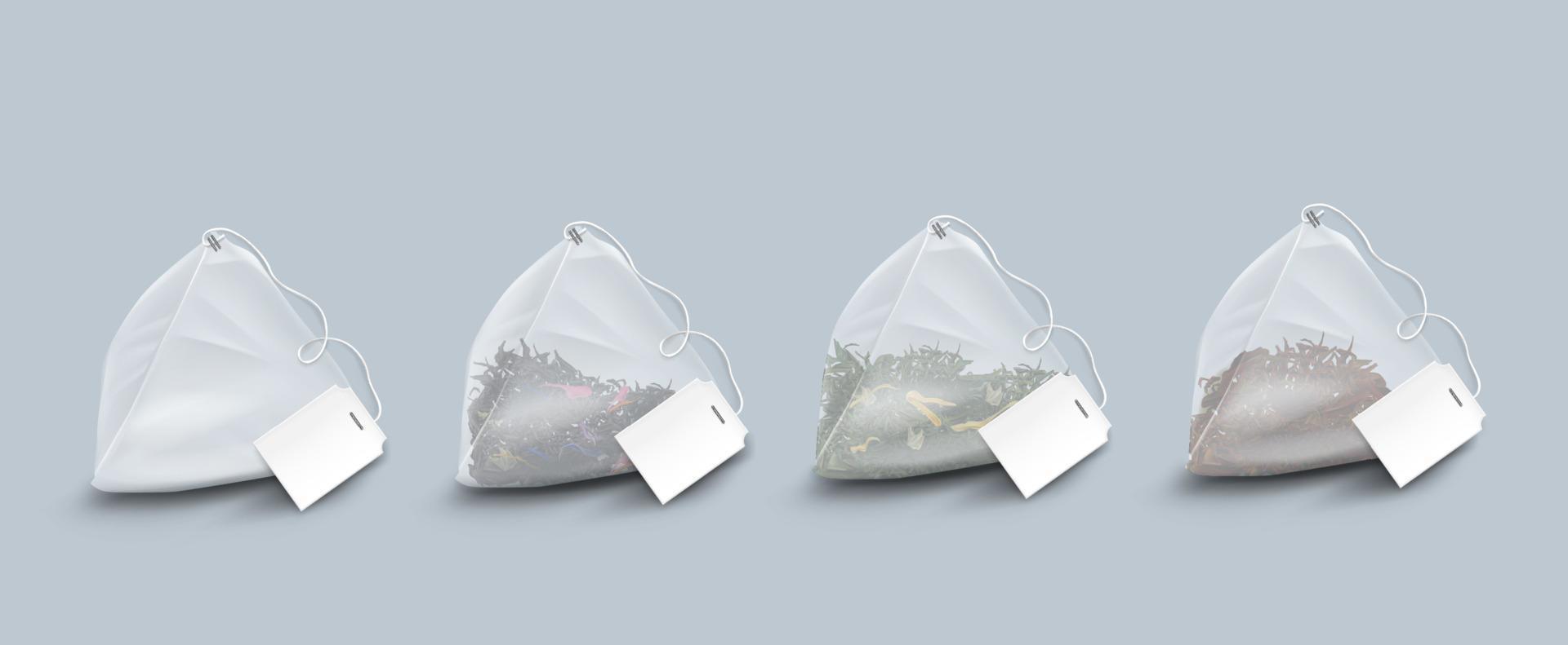 Pyramid shape tea bags with leaves and herbs vector