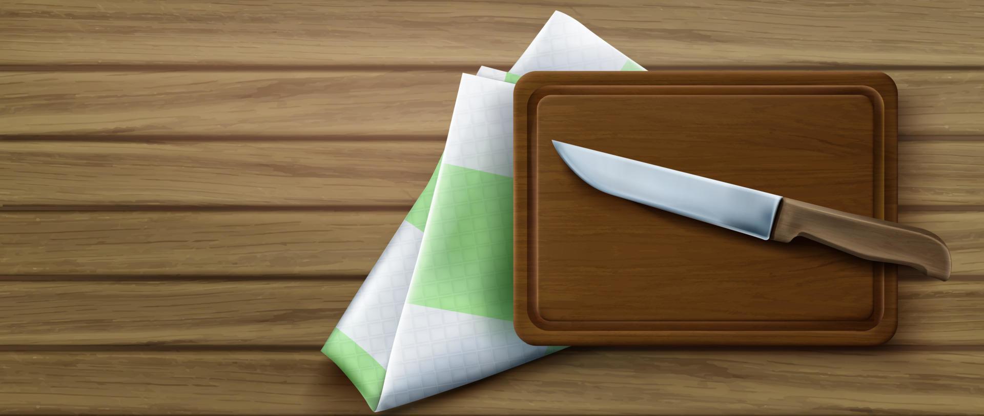 Cutting board, knife and tablecloth on wood table vector