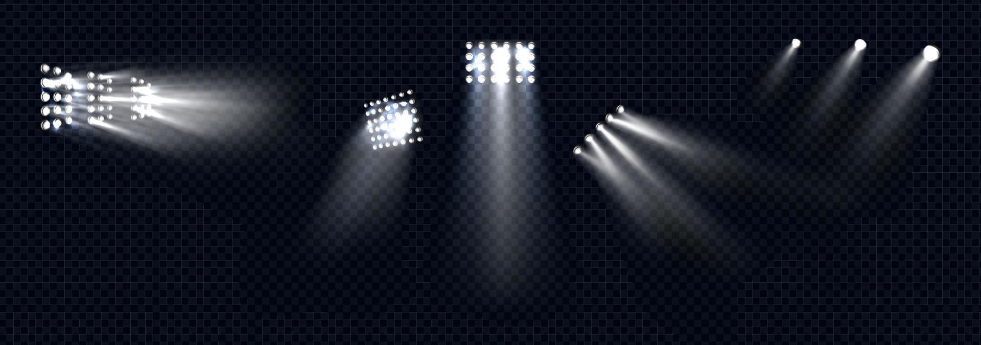 Spotlights, stage light white beams glowing set vector