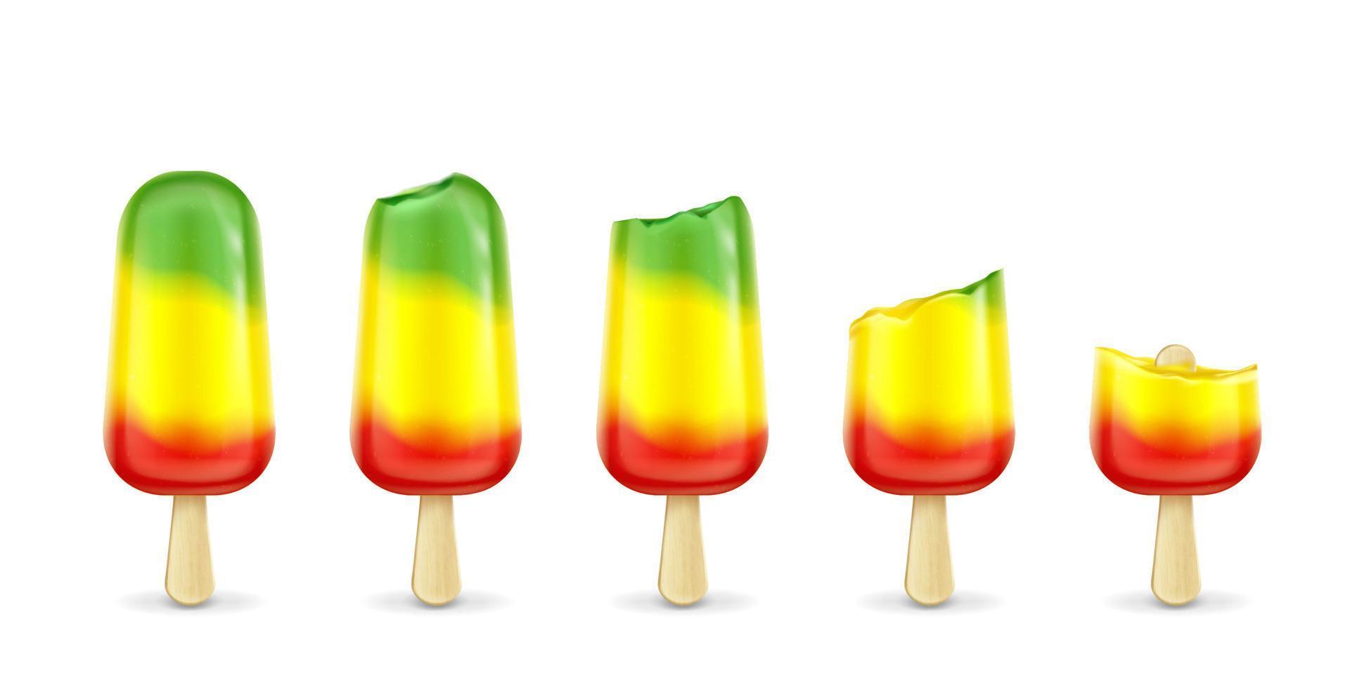 Fruit popsicle with bites, colorful ice cream vector