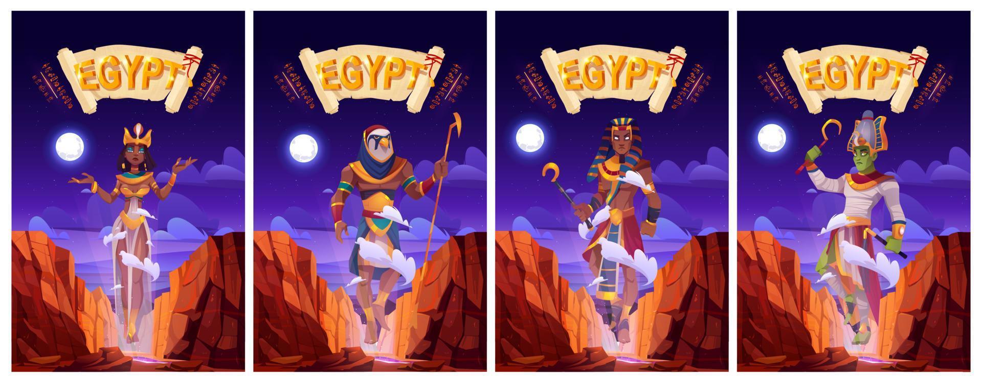 Cartoon posters Egyptian gods Ra, Horus, Pharaoh vector
