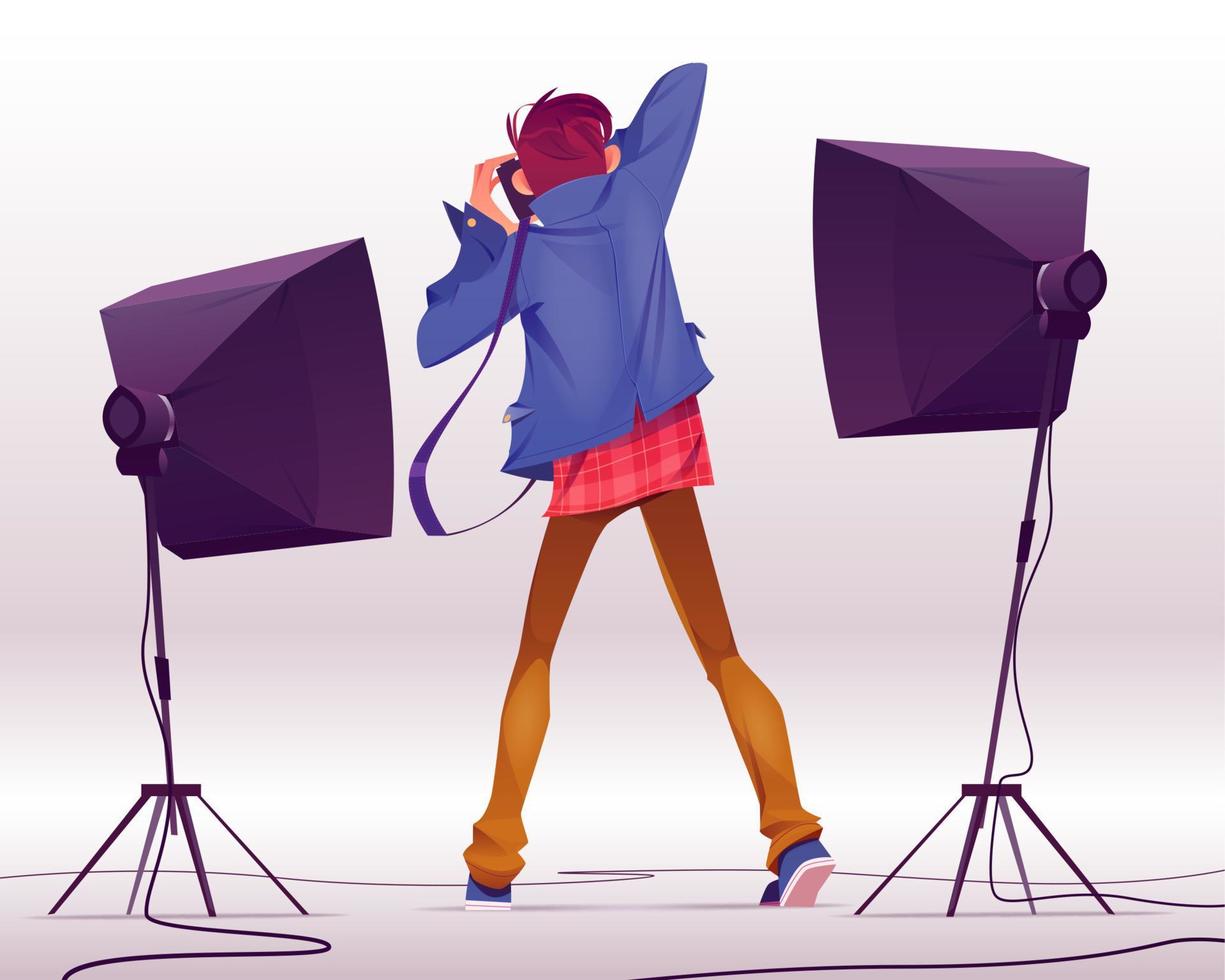Photographer with camera take shots in studio vector