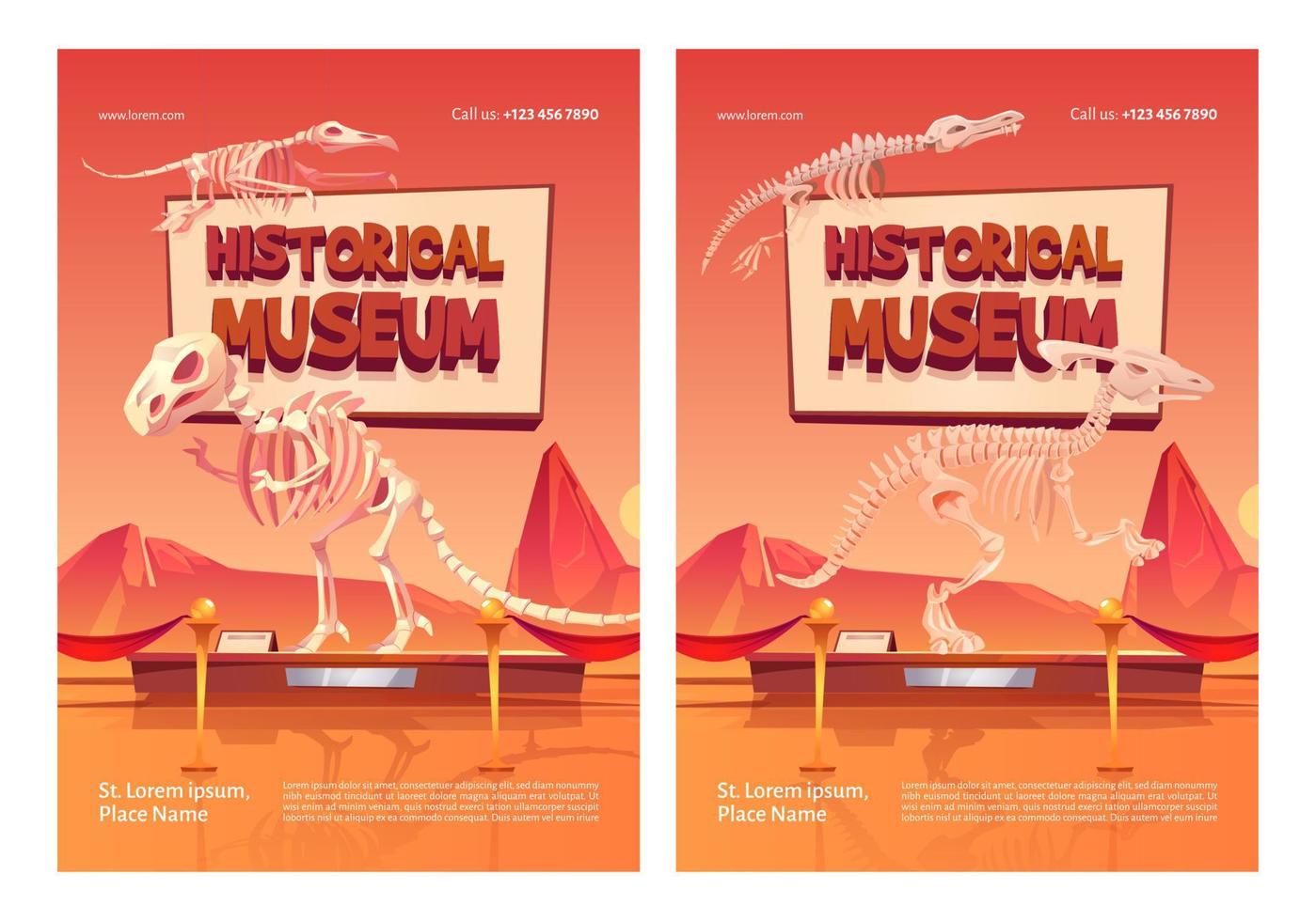 carteles de museos históricos con esqueletos de dinosaurios vector