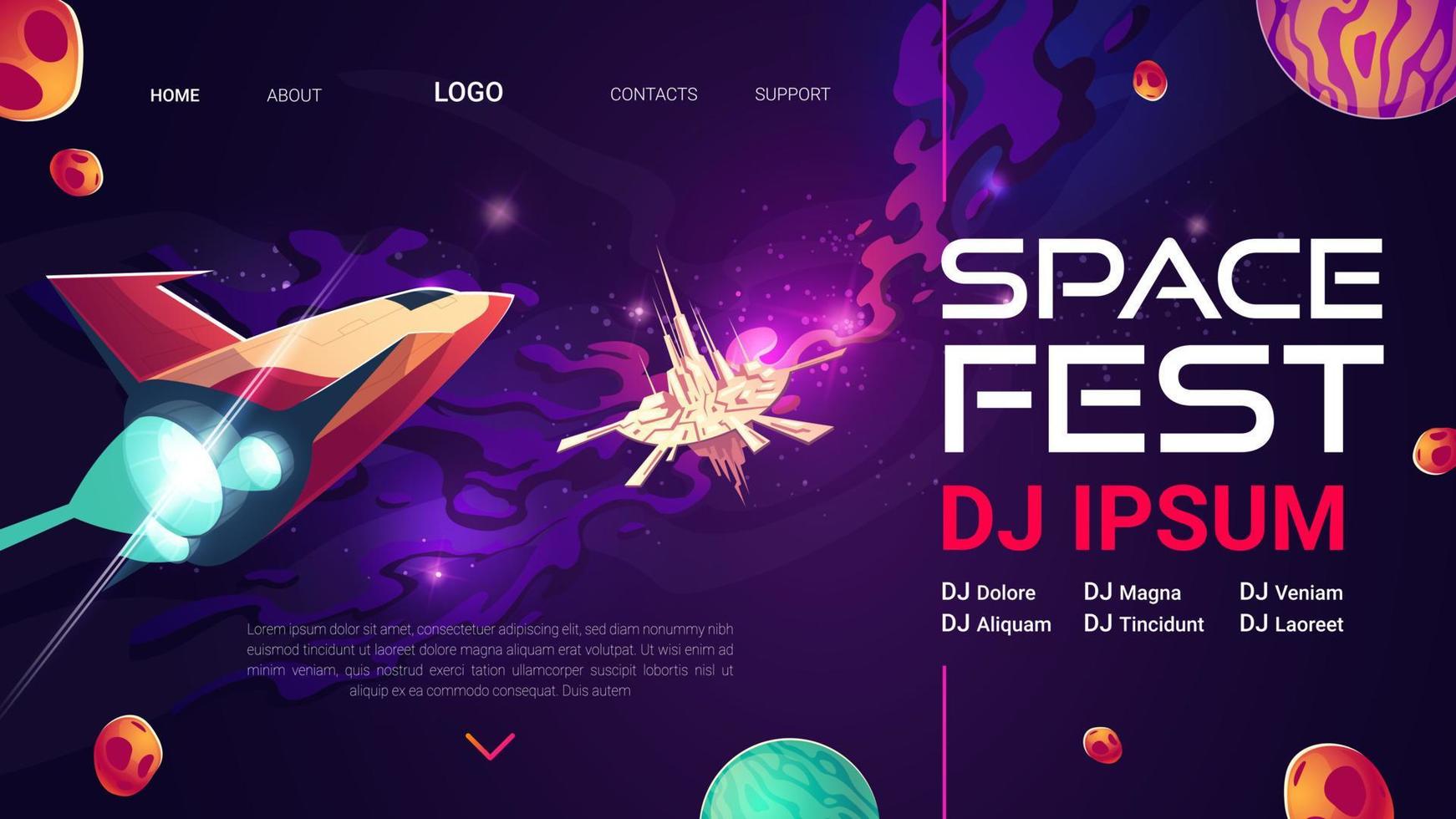 Space fest cartoon landing page invitation to show vector
