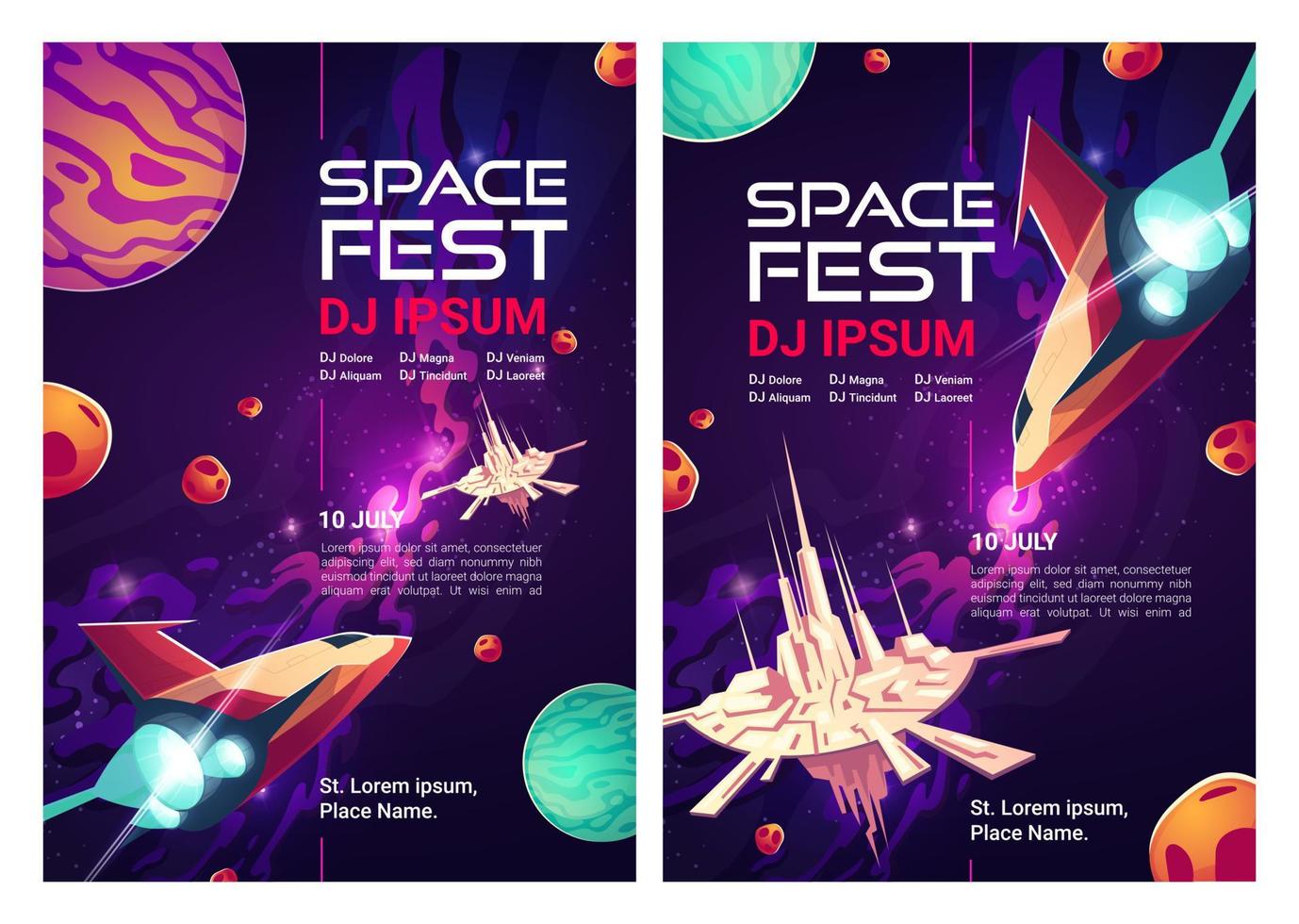 Space dj fest flyers, music party posters vector