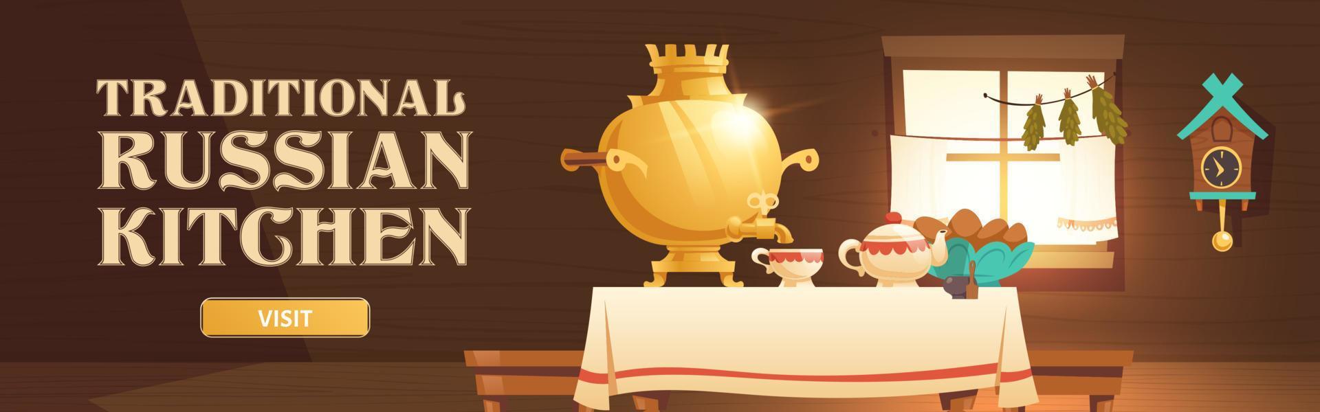 pancarta de cocina tradicional rusa con samovar vector