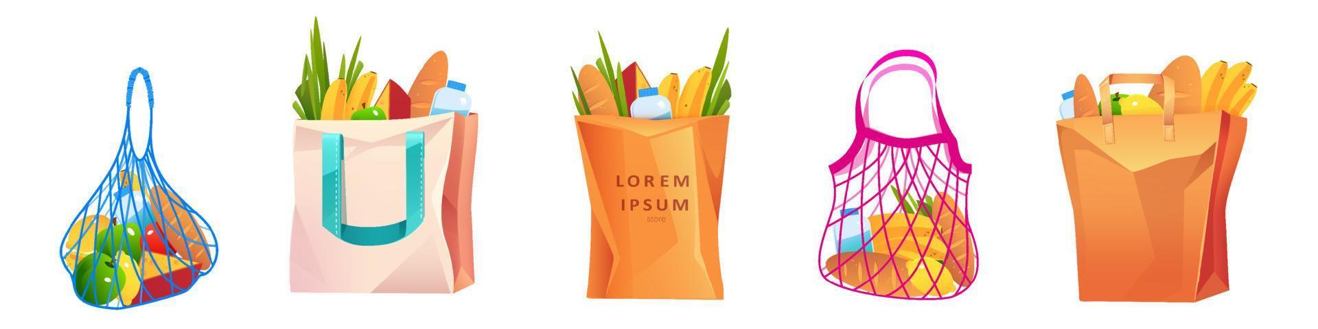 Net, cotton and paper shopping bags with grocery vector