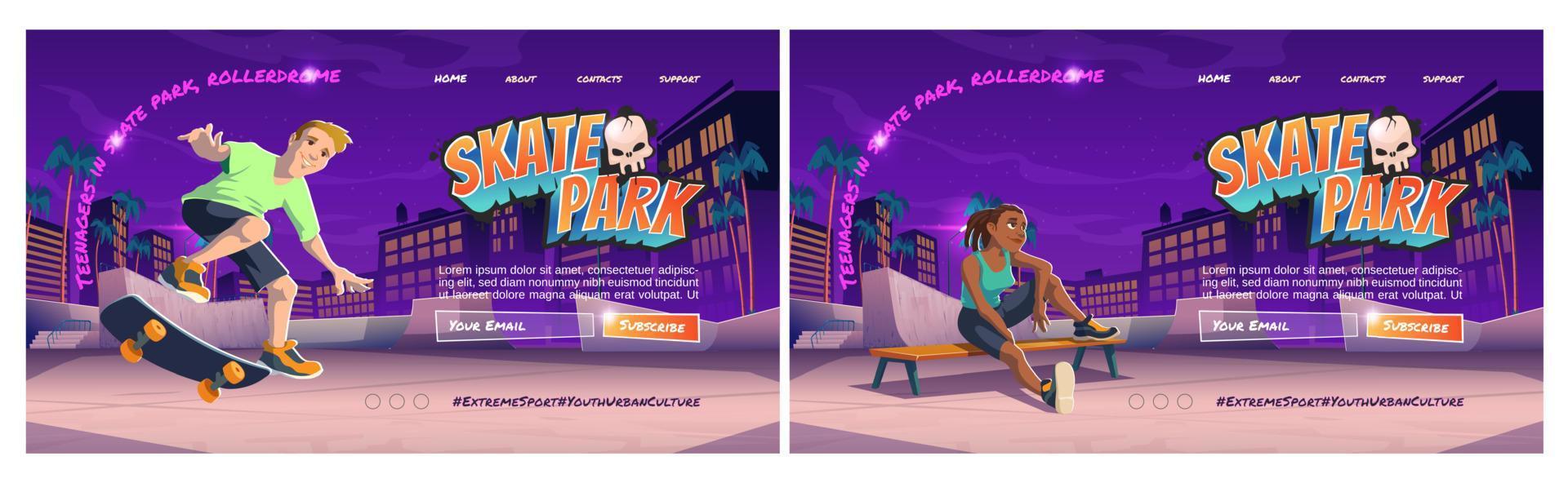 página de inicio de dibujos animados de skate park con adolescente vector