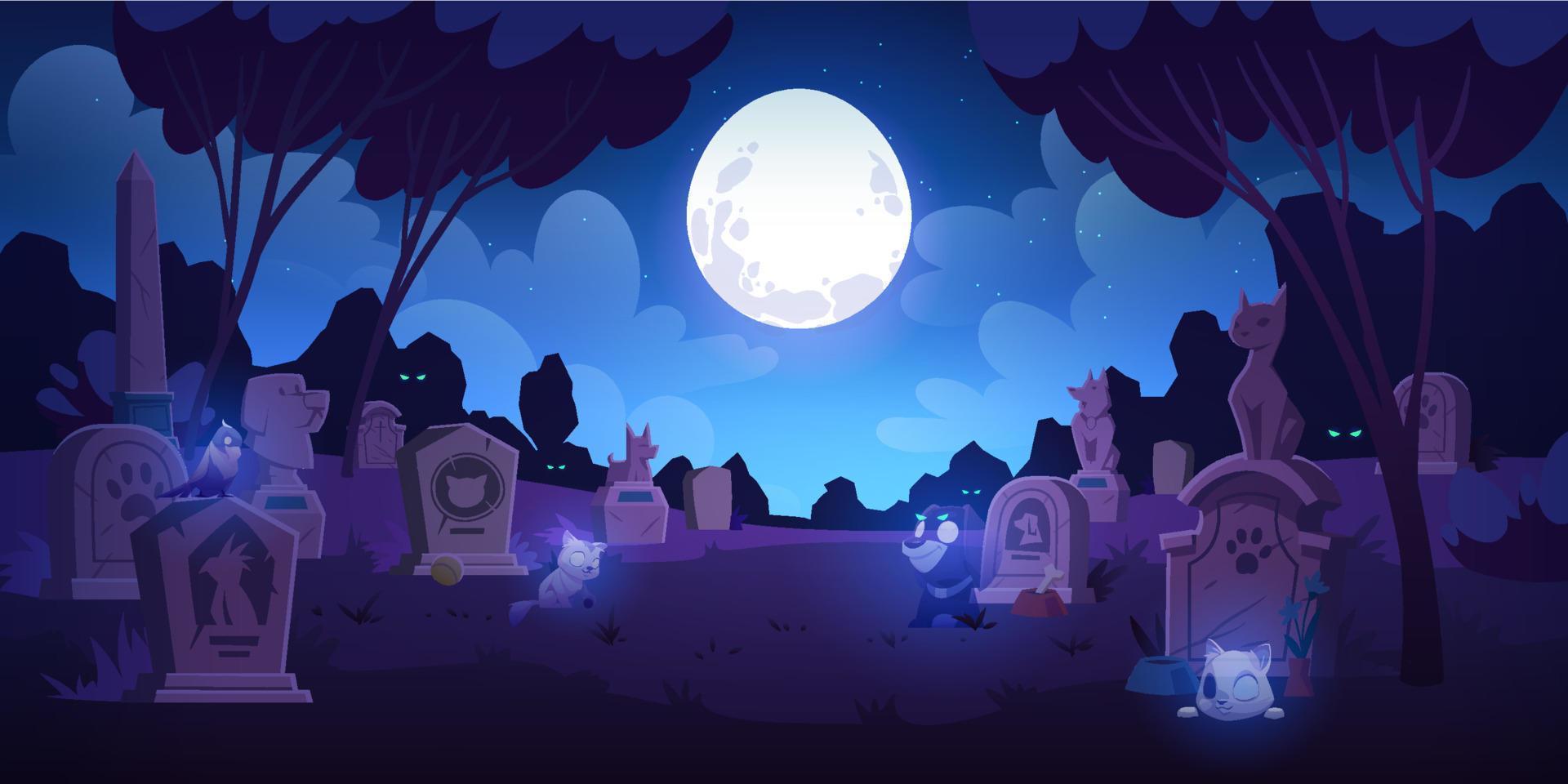 Pet cemetery at night, animal graveyard tombstones vector