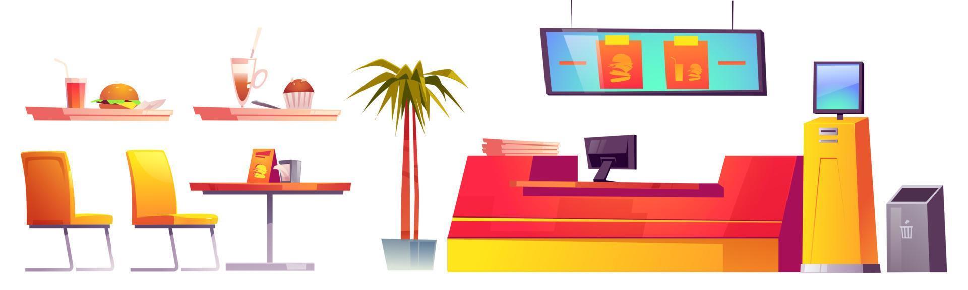 Food court interior furniture, stuff isolated set vector