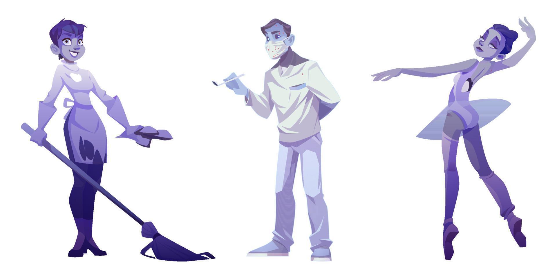 Cartoon ghosts dentist doctor, ballerina, cleaning vector