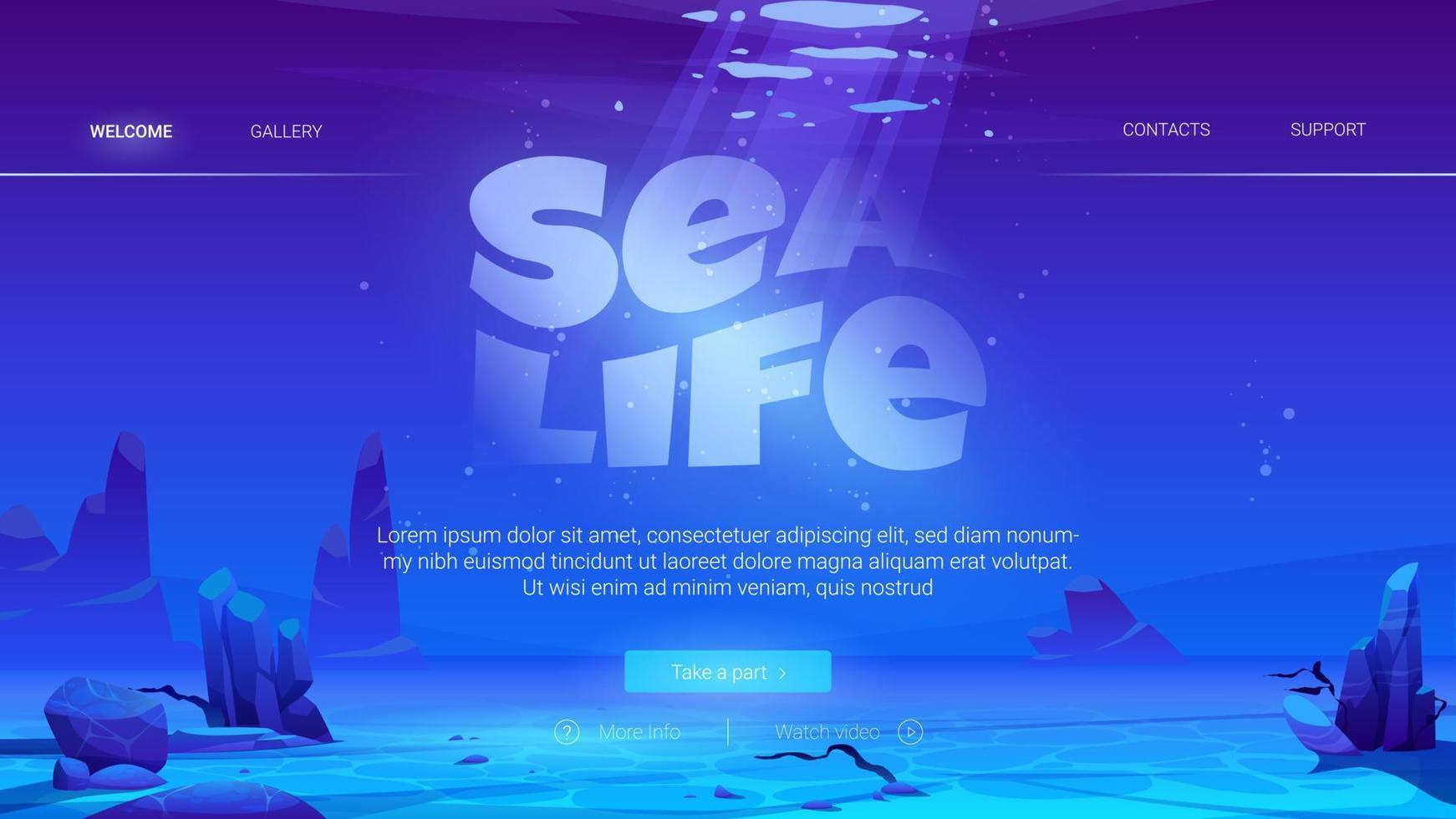 Sea life cartoon web page with ocean underwater vector