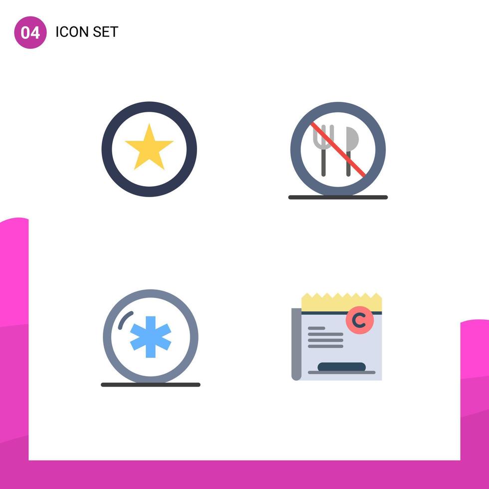 Paquete de 4 iconos planos de interfaz de usuario de signos y símbolos modernos de atención médica favorita sin comer elementos de diseño vectorial editables de medicamentos vector