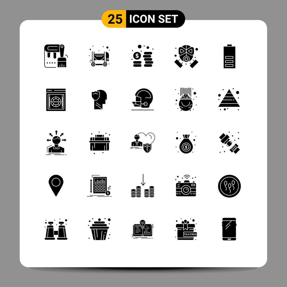 25 Thematic Vector Solid Glyphs and Editable Symbols of energy electric coins battery mask Editable Vector Design Elements