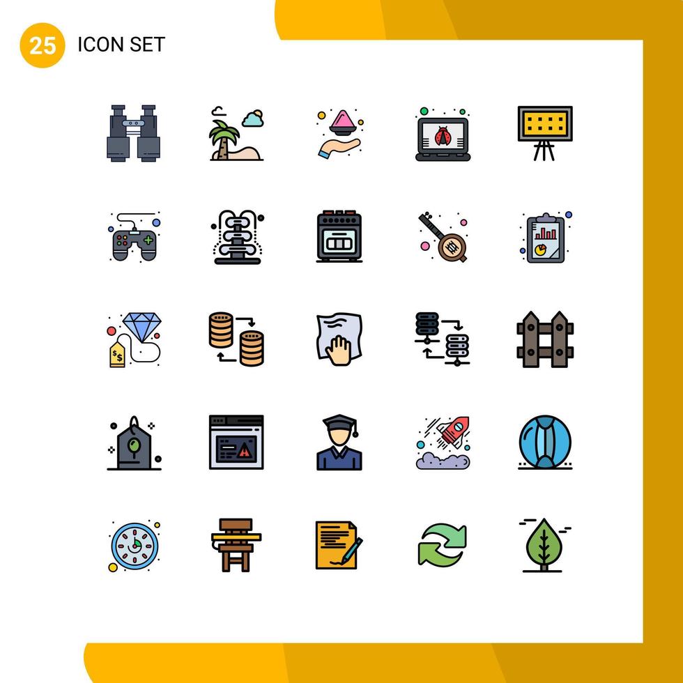 Group of 25 Modern Filled line Flat Colors Set for alphabet laptop bug spring hacker india Editable Vector Design Elements